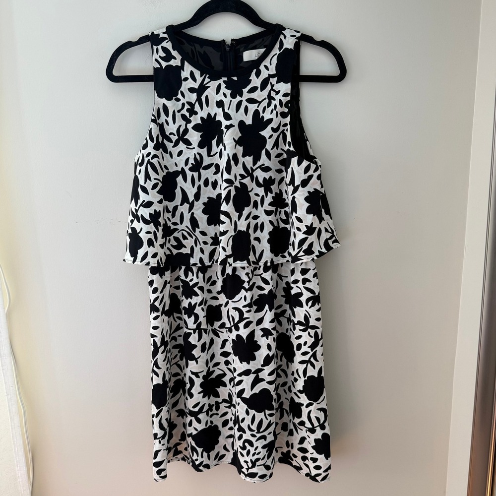 Ann Taylor LOFT Black White Floral Tiered Popover Sleeveless Mini Dress Size 6